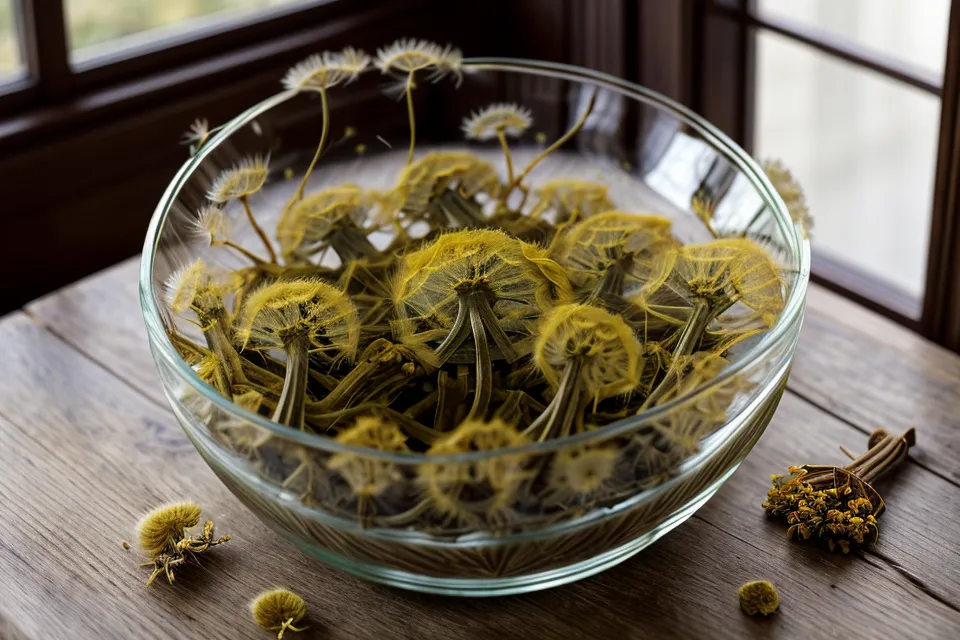 Racines de pissenlit séchées et verre d'eau tiède pour une routine matinale naturelle.