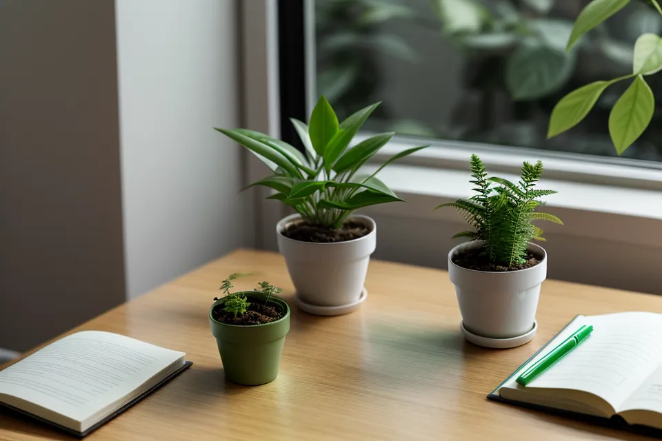 Espace de travail calme avec une plante verte et un carnet de notes.