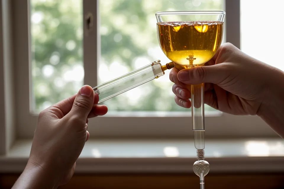 Main tenant une pipette de fleurs de Bach au-dessus d'un verre d'eau