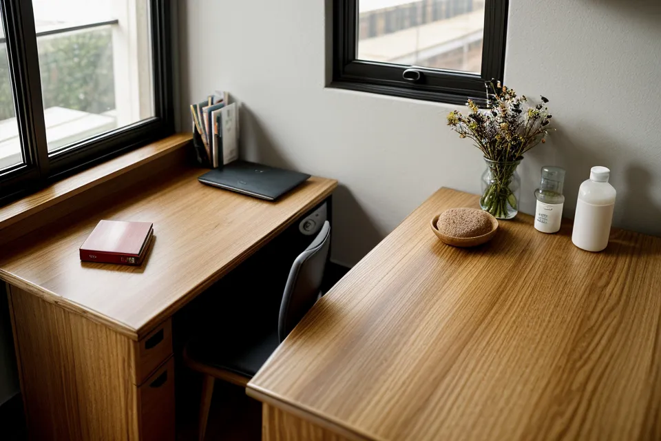 Un flacon de fleurs de Bach posé sur un bureau administratif à côté de dossiers