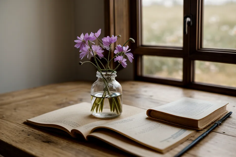Une fleur sauvage posée sur les pages d'un journal de bord personnel