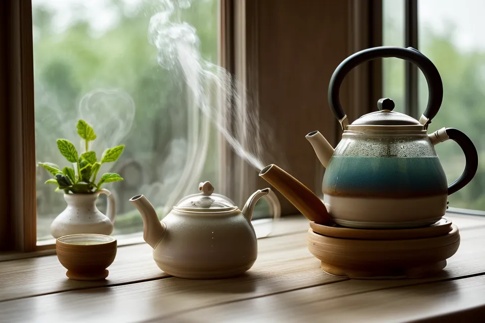 De l'eau chaude versée sur des feuilles de menthe fraîche dans une théière en verre.