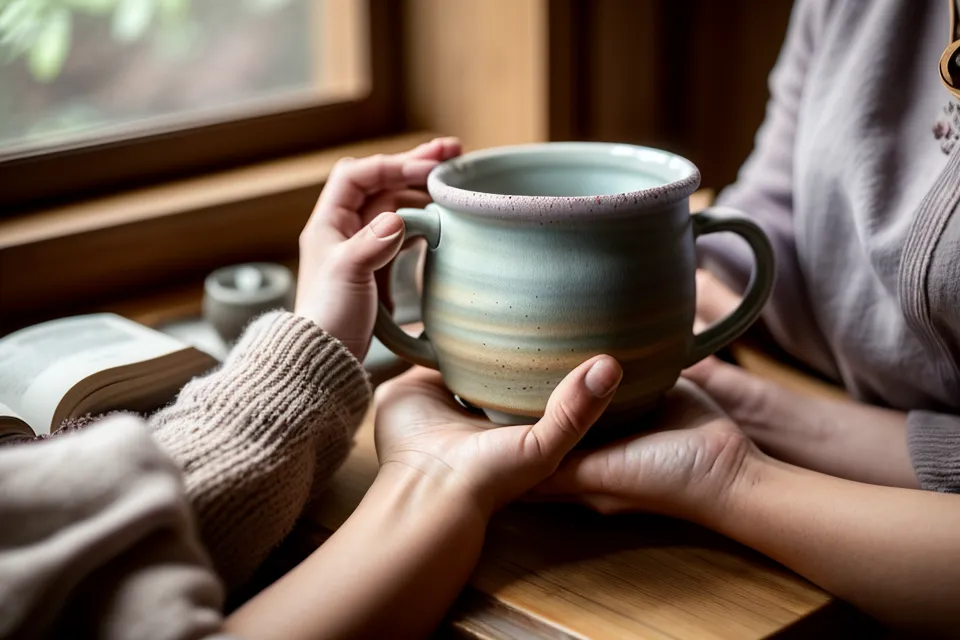 Mains tenant un mug chaud avec un livre de botanique posé sur les genoux.
