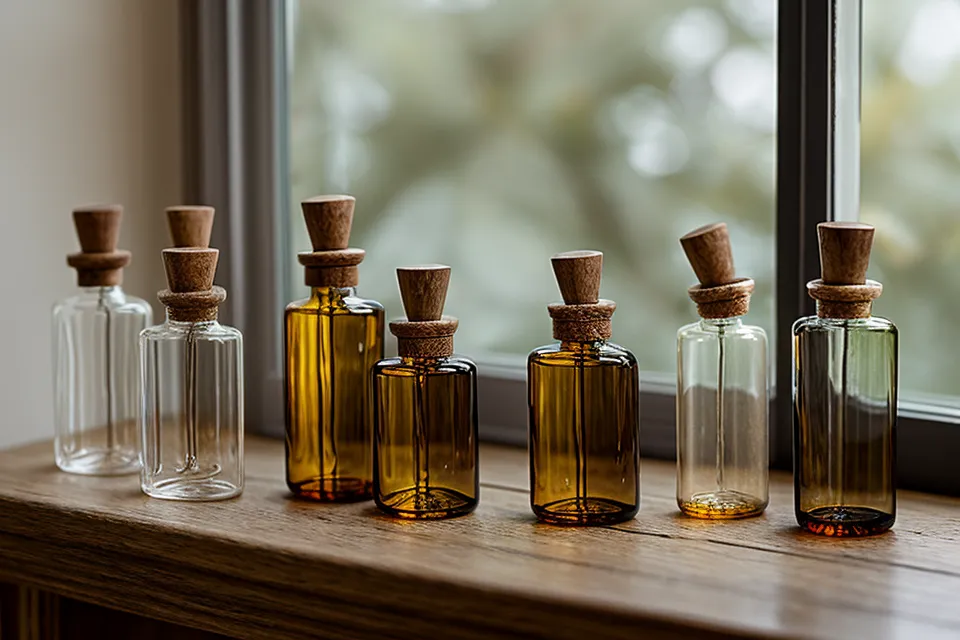 Flacons de fleurs de Bach alignés sur une étagère en bois.