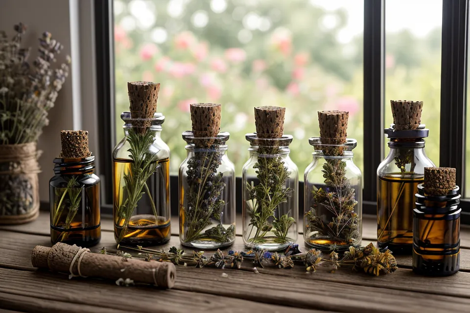Étagère de cuisine avec des bocaux en verre contenant diverses herbes médicinales.